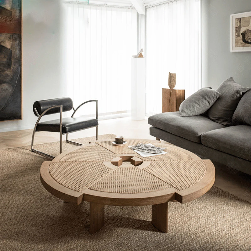 

Cassina Woven Round Shape Coffee Table Japanese Solid Wood Low Table Irregular Design Wabi-Sabi Style For Living Room Furniture