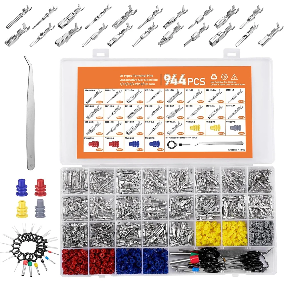 

944Pcs Pin Connector Kit,Car Electrical Wire Connectors Terminal Pins,21Type Non-Insulated Plug,Removal Male Female Crimp Pins