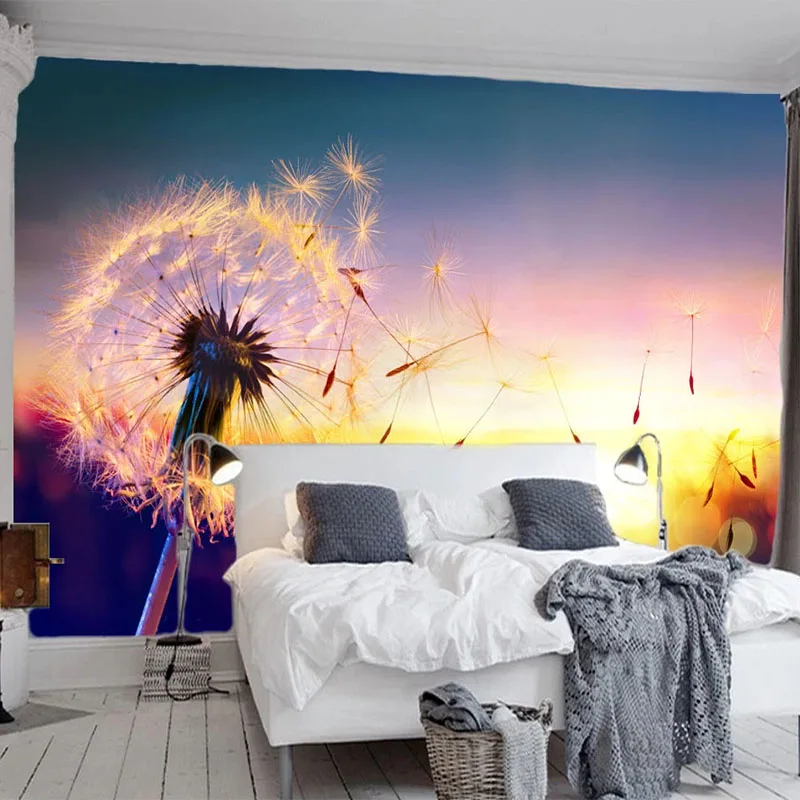 Customized products Modern 3D Wallpaper Romantic Beautiful Sunset Dandelion Flower Landscape Wall Mural Living Room TV Bedroom