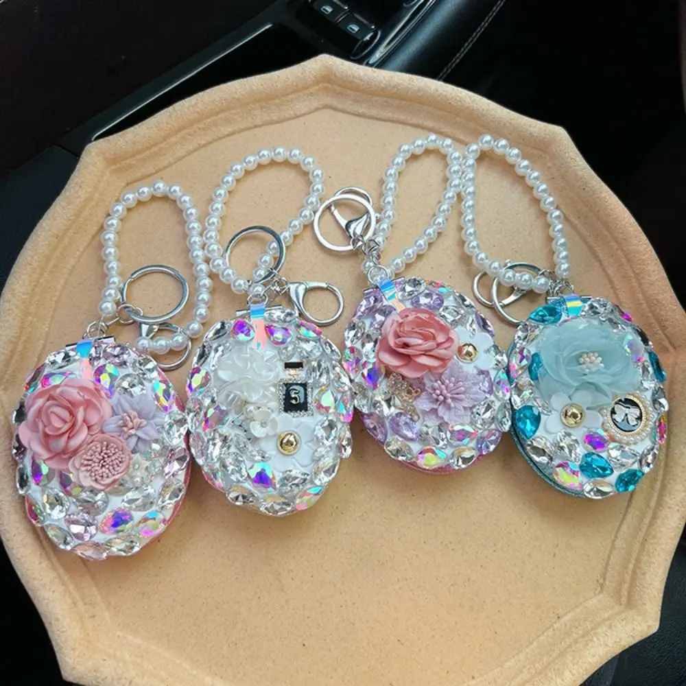 Full Rhinestone Camellia Makeup Mirror Portable Folding Elegant Car Keychain Sparkling Pearl Chain Touch Up Mirror Women