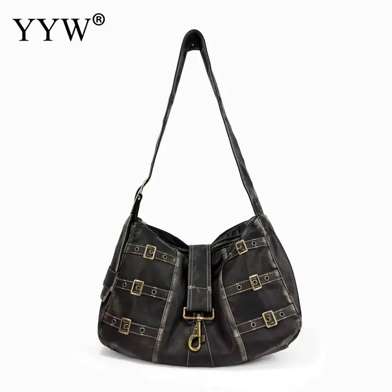 

Black Punk Style Women Handbags Large Capacity Shoulder Bag Y2k Style Crossbody Bag Faux Leather Casual Fashion Punk Tote Bag