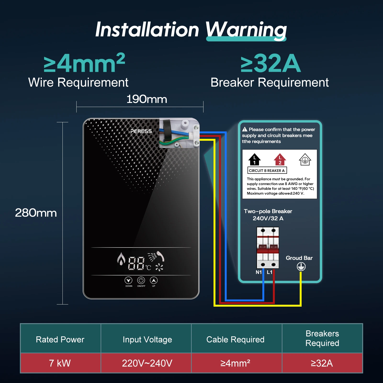 ทันทีไฟฟ้า Tankless เครื่องทําน้ําอุ่นห้องน้ําเครื่องทําน้ําอุ่น 220-240V 7000W อุณหภูมิ Automatica ในครัวเรือนโรงแรม