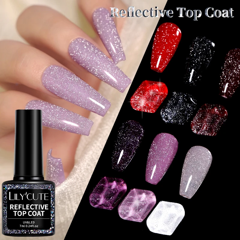 LILY'CUTE 7ml Reflective Top Coat Sparking Glitter Dark Flash  Gel Nail Polish Soak Off UV LED Nail Art Design Varnish Manicure