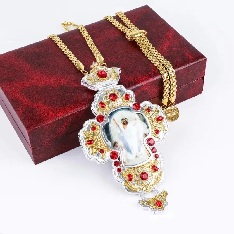 Cross brass necklace, gold and silver plated, slightly zircon colored