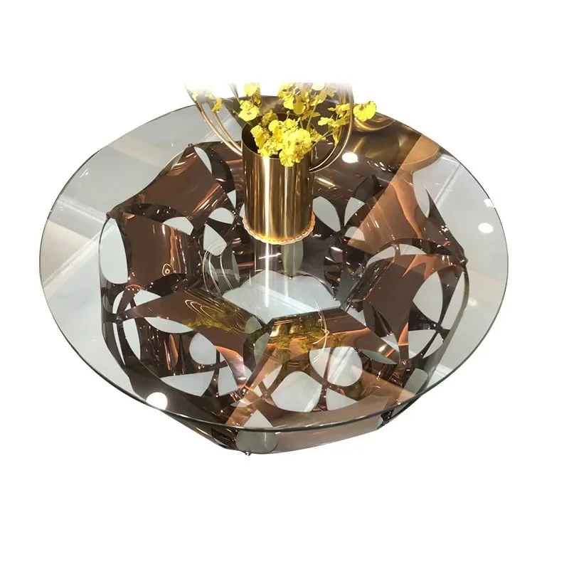

Italian light luxury round glass coffee table, villa living room sofa side table, glass engraved modern