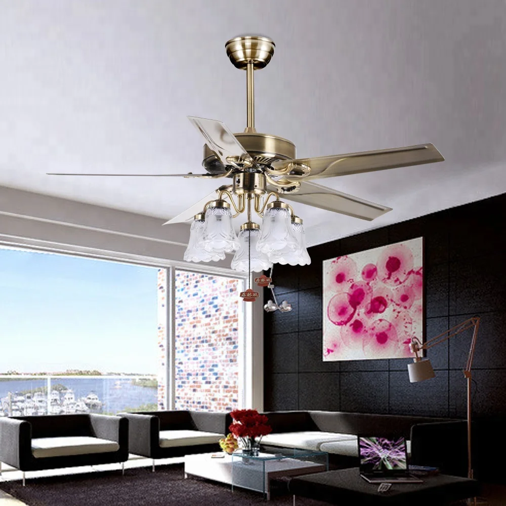 

48 Inch European Style Bronze Color Hotel Restaurant Pull Chain Ceiling Fan With E27 Lamp Holder