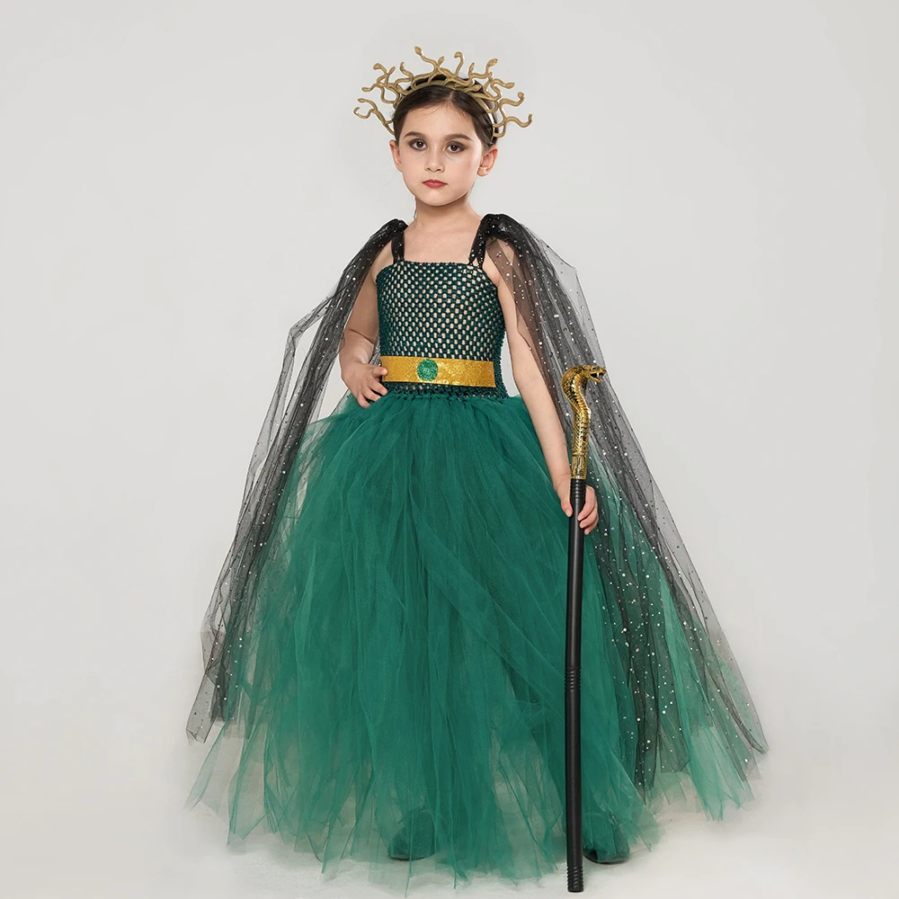 Medusa Costume Girls Greek Goddess Halloween Fancy Gown Tutu Dress with Headpiece Hunter Green Medusa Role-play Clothing