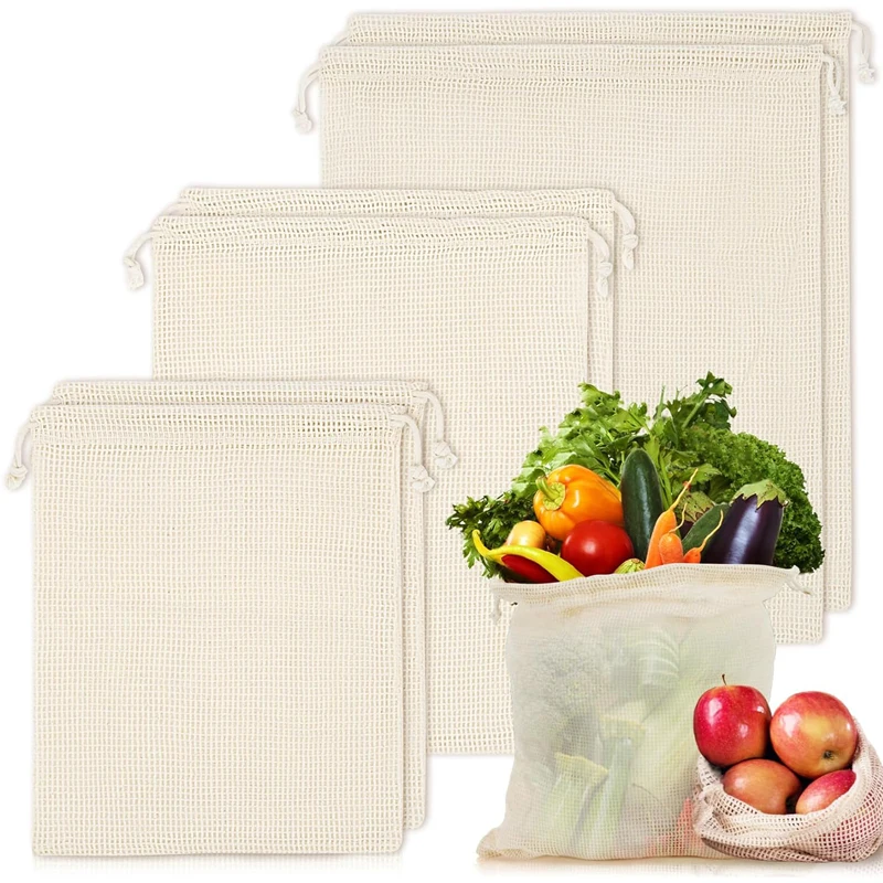 1Pc Reusable Vegetable Bags Kitchen Fruit and Vegetable Storage Mesh Bags Drawstring Machine Washable Eco Friendly Shopping Bags