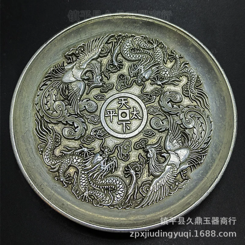 

Antique Antique Bronze Ware Big Qing Dragon and Phoenix Solid White Copper Silver Plate Dish Home Office Antique Ornaments Whole