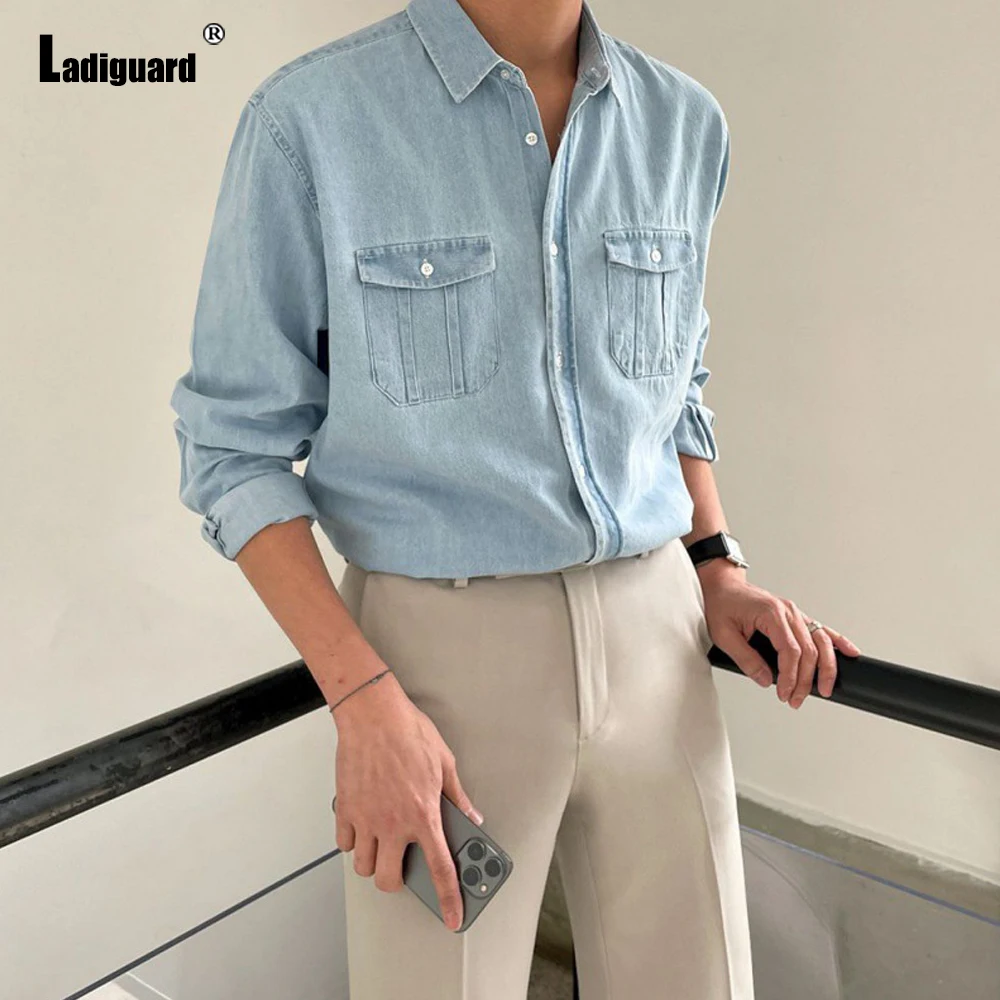 

Ladiguard 2023 Men Long Sleeves Casual Retro Demin Blouse Chic Fashion Jean Shirts Men's Demin Pocket Camisa Top blusas hommes