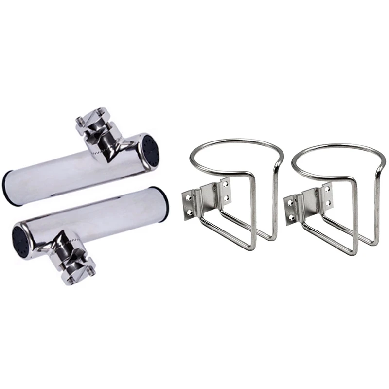 4Pcs Stainless Steel Holder: 2Pcs Boat Clamp On Fishing Rod Holder Rails 7/8 Inch To 1 Inch Tube Ship Rod Frame & 2Pcs Car Boat