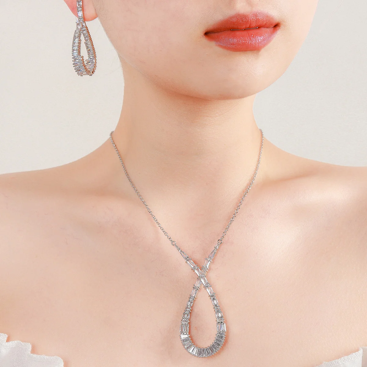 Silver Tone Baguette Cut Crystal Teardrop Jewelry Set: Necklace & Drop Earrings, Women's Wedding Party Jewelry