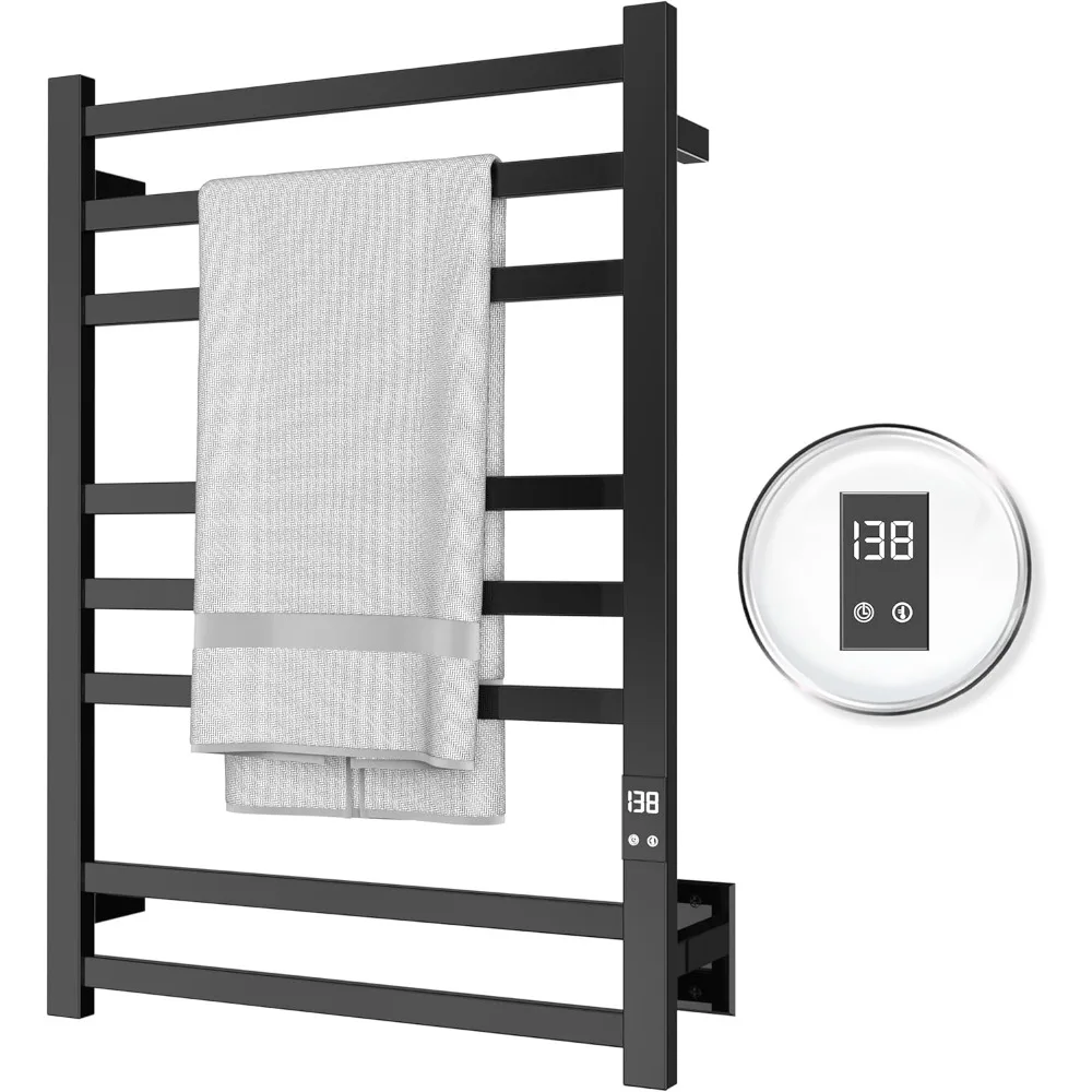 8-Bar Towel Warmer with Fast Heating, Auto Shut-Off Timer, Black Finish - Hardwired or Plug-in Options - Ideal for Hot Towels