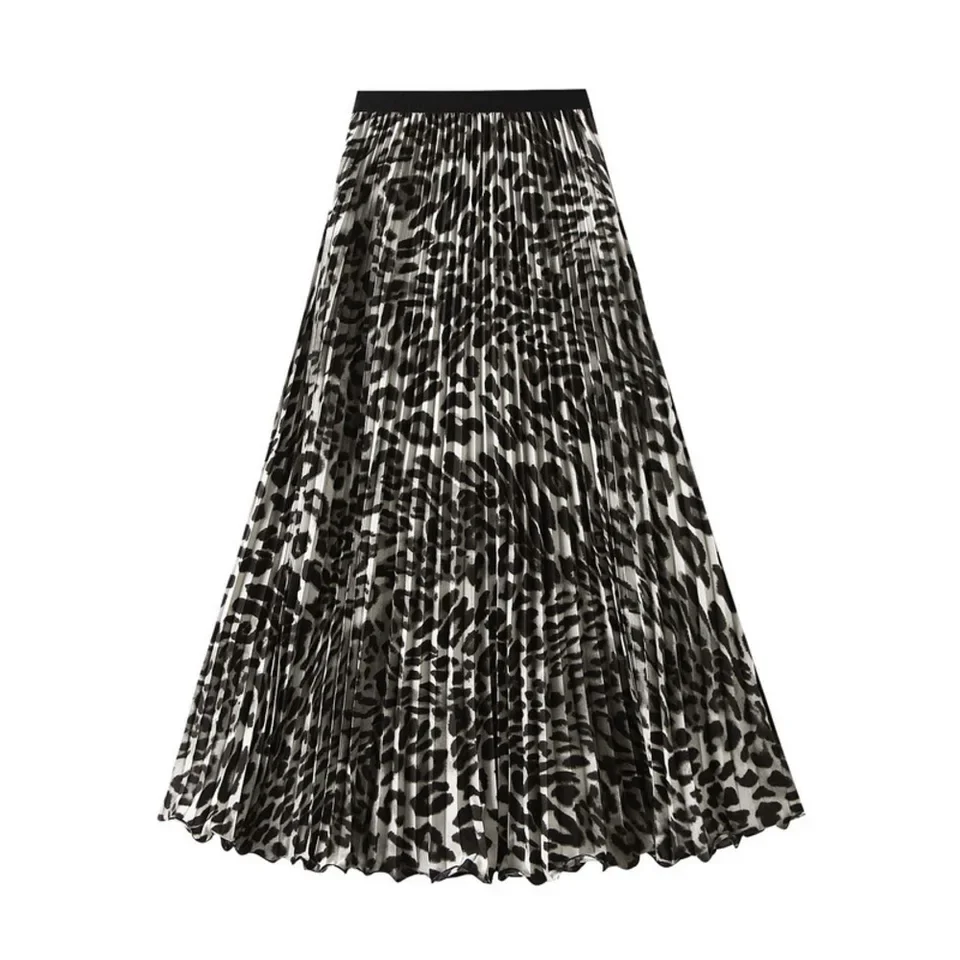 Retro Leopard Print Pleated Skirt For Women 2026 Spring Summer High-Waisted Slimming Fashionable Mid-Length Skirt