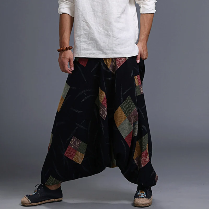 Nepal Style Printed Men Bohemian Wide Leg Cross Pants Cotton & Linen Elastic Waist Mens Low Crotch Casual Pants