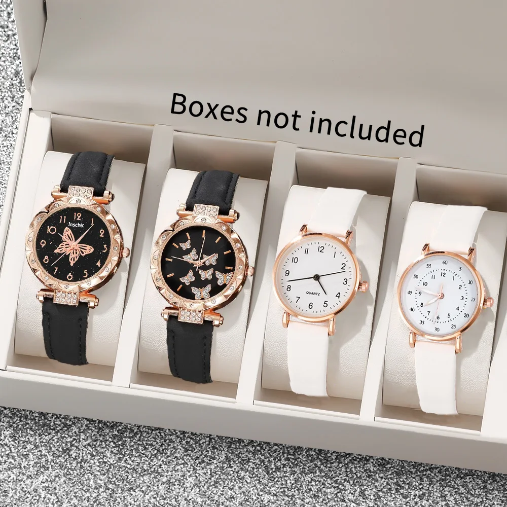 4-pcs college minimalist women's PU leather quartz watch combination set, suitable for daily wear and holiday gifts