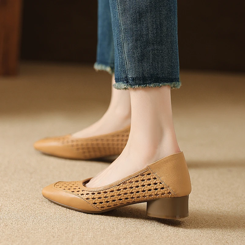 2026 summer women sandals natural leather 22-25cm sheepskin+weave+pigskin hollow-out back-buckle high heel women shoes fashion