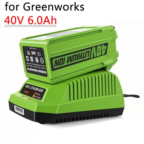 แบตเตอรี่สำหรับเครื่องตัดหญ้า GreenWorks 40V 6000mAh G-MAX Li-ion แบตเตอรี่ที่ใช้ร่วมกันได้กับเครื่องมือทำสวนและเครื่องมือไฟฟ้า พร้อมที่ชาร์จ