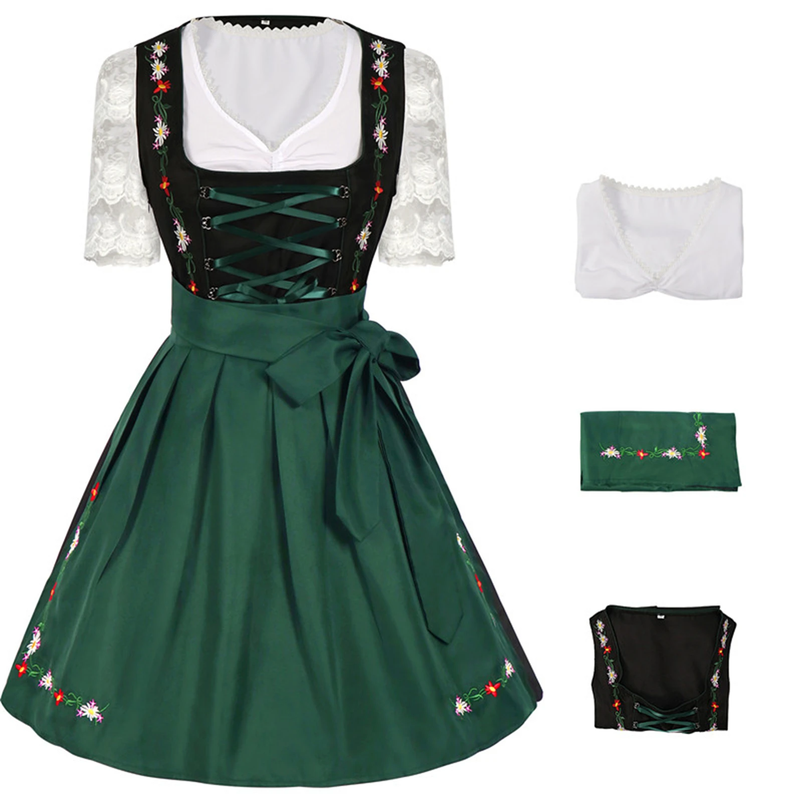 

AwwwCos Women German Dirndl Dress Tranditional Oktoberfest Costume Floral Print Lace Bavarian Oktoberfest Carnival Outfit