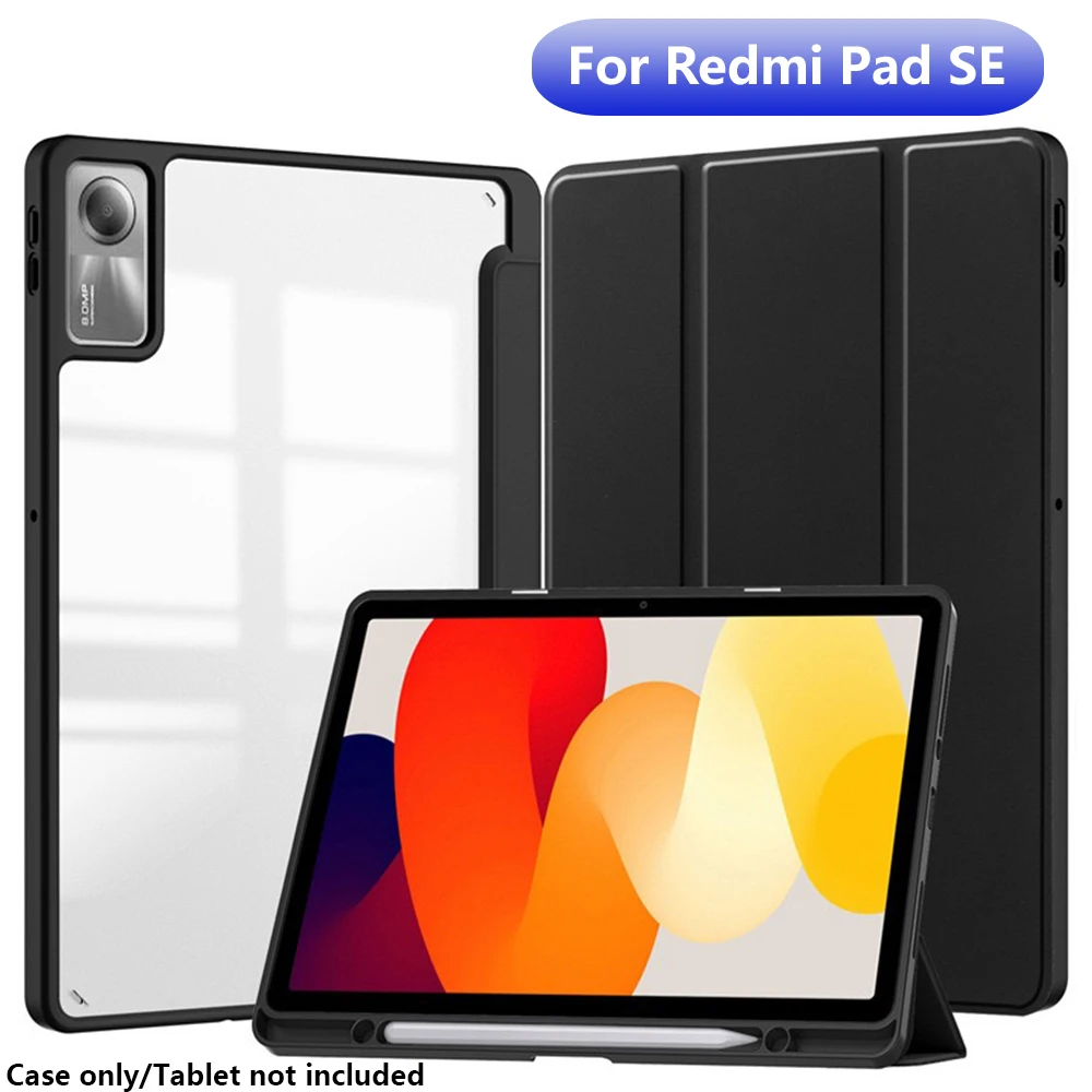 Étui rigide en acrylique de couleur unie pour tablette Xiaomi Redmi Pad SE, avec emplacement pour stylet intégré, fonction veille/réveil automatique
