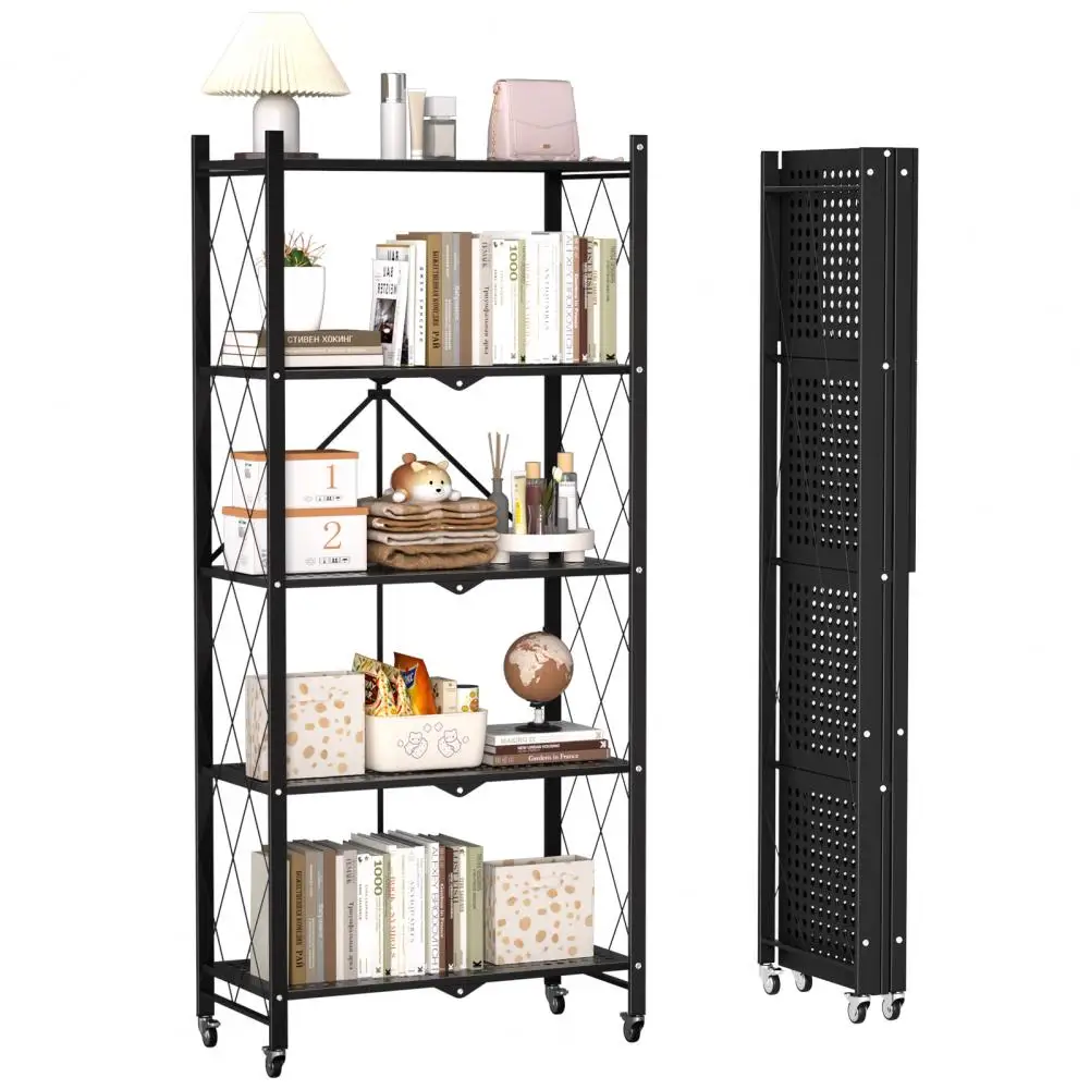 5 Tiers Foldable Storage Shelves, Expandable Folding Bookshelf with Wheels, Collapsible Adjustable Storage Rack Metal Shelves