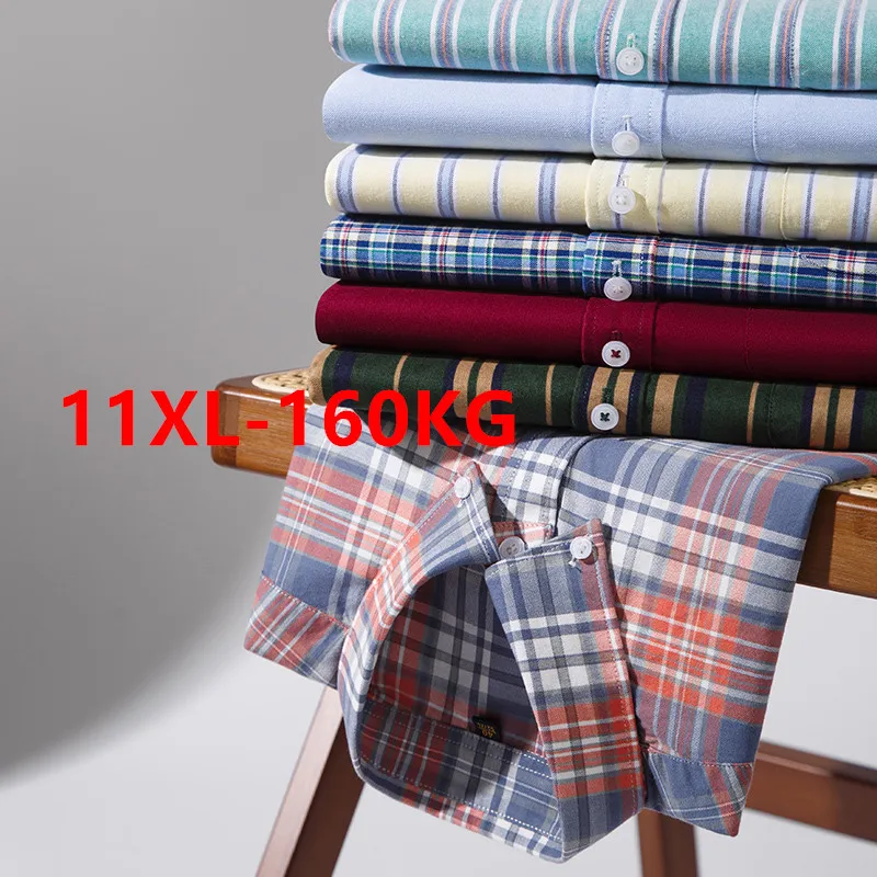 Plus Size 11XL-160KG Kariertes Hemd für Herren, modische koreanische beliebte Kleidung, Oxford-Stoff, 100 % Baumwolle, langärmelig, weiche Designer-Oberteile