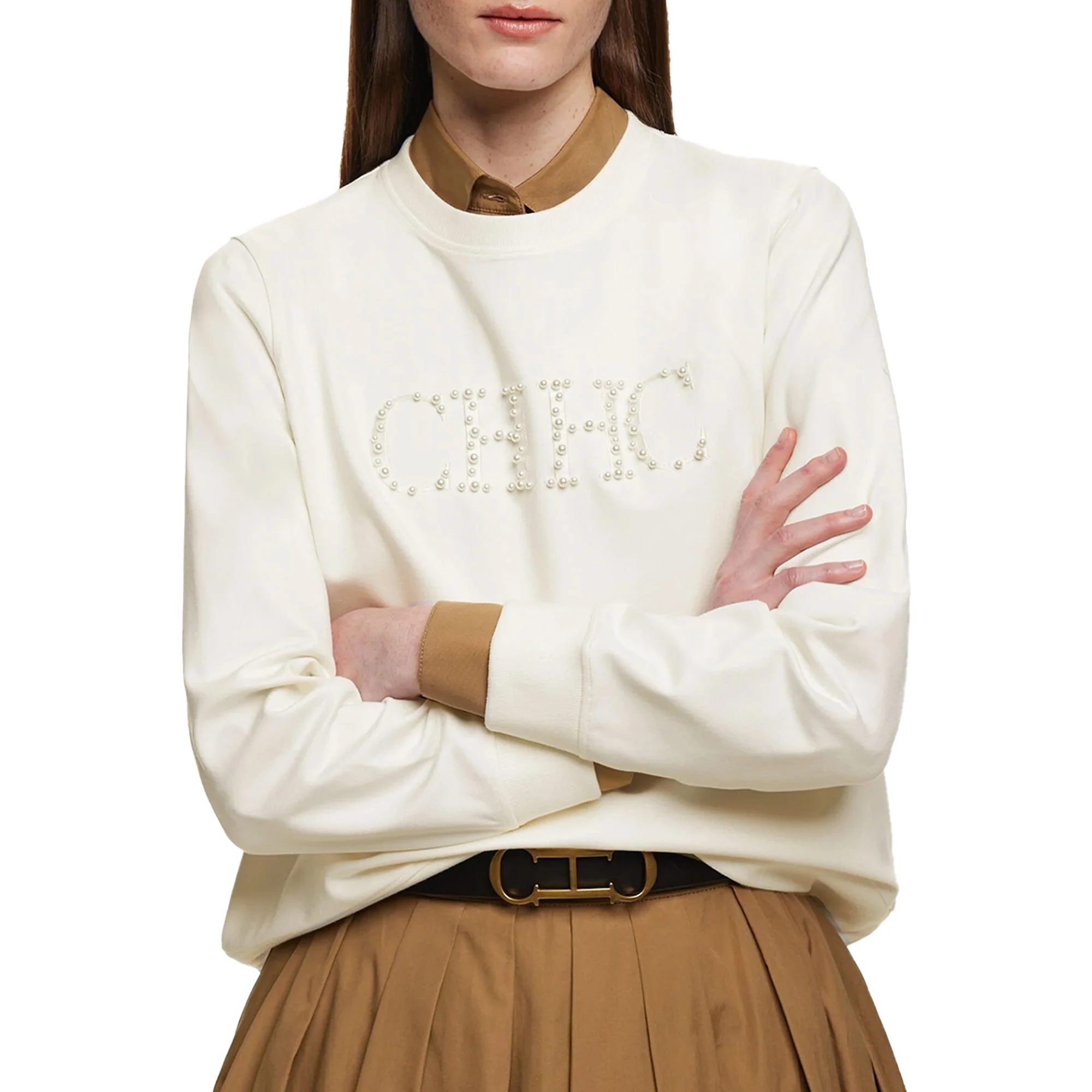 CHCH Women's Hoodie 2024 New Simple Pearl Embroidered Top Women's Beige Loose Long Sleeve Hoodie