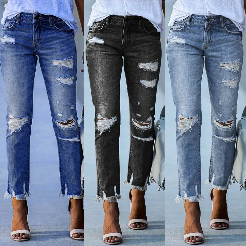 

2025 New Washed Hole Tassel Women's Jeans in Europe and the United States Slim Elastic Small Foot Trousers Casual Trousers