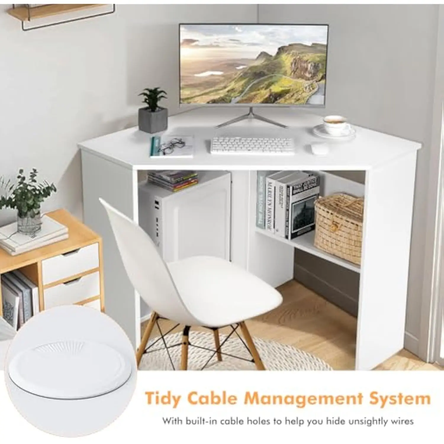 Corner Computer Desk, Space-Saving Triangular Writing Desk w/ 2 Storage Shelves & 2 Cable Holes, Multi-Functional Console Tabl