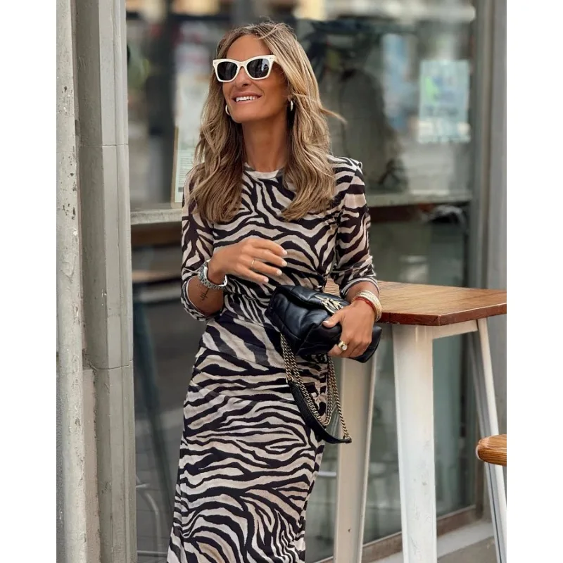 

New Women's Warm Zebra Pattern Velvet Stretch Slim Dress 2023 Autumn Winter Dress Women Long Sleeve Round-Neck High Waist Dress