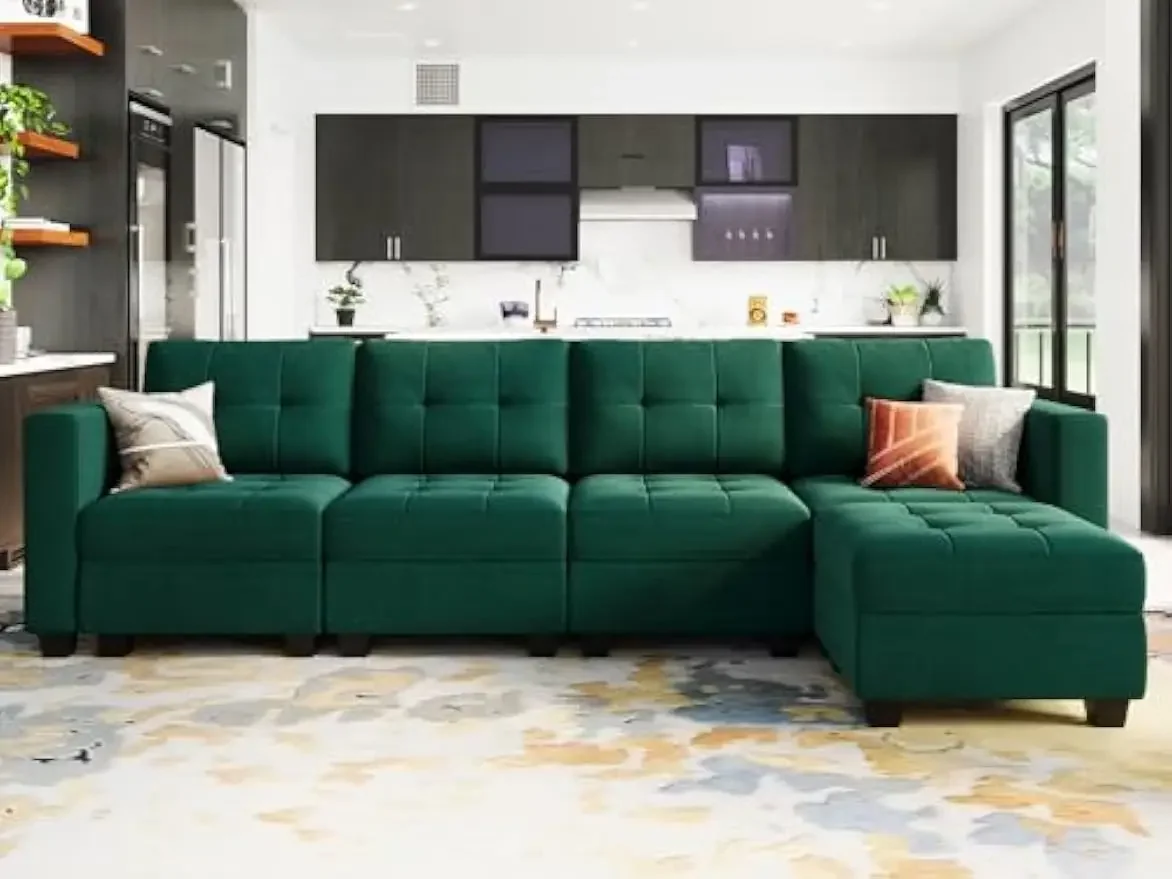 

L Shaped Modular Sectional Sofa w/ Storage & Ottomans, Velvet Convertible Sleeper Couch w/ Reversible Chaise, Green