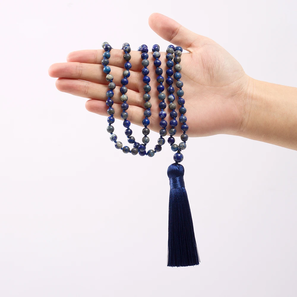 6mm Natural Lapis Lazuli Knotted 108 Mala Bead Necklace Meditation Prayer Rosary Japamala Jewelry for Men and Women