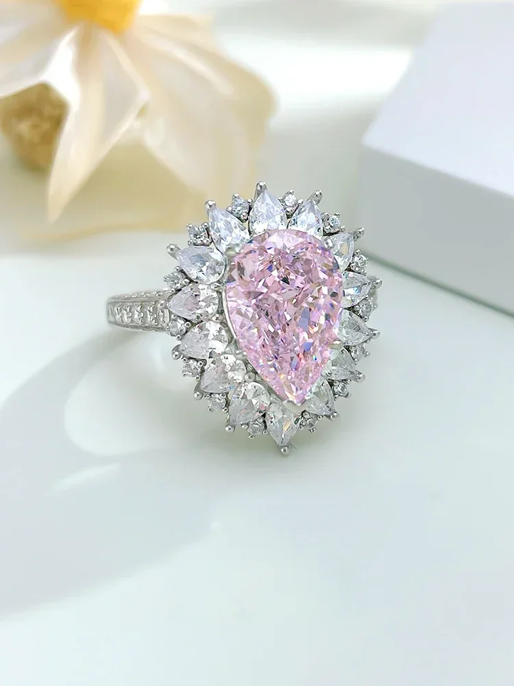 Light Luxury Sweet Pink Diamond Droplets 925 Silver Temperament Ring Set with High Carbon Diamond Wedding Jewelry