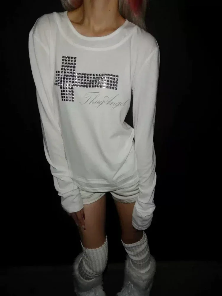 Y2k Aesthetic Rhinestone Cross Long Sleeve T-shirt Vintage Goth Grunge Letter Print Streetwear Harajuku Casual Oversized Top Tee