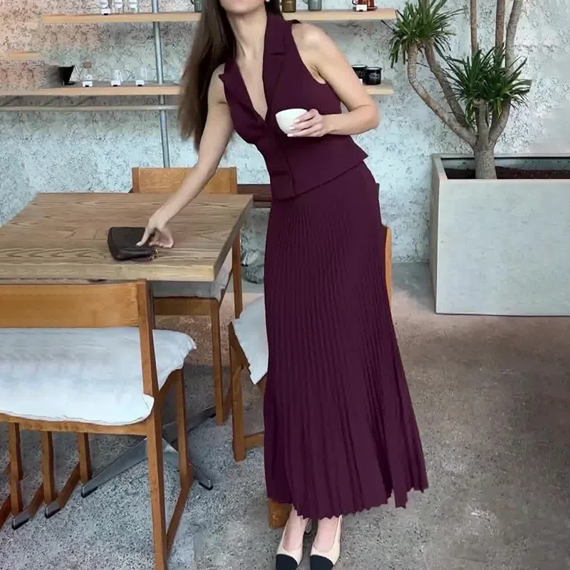 New in Matching Pleated Skirt Suit For Women\'s Elegant Slim Sleeveless Long Dress Fashion Two Pieces Set Plus Size Outfit Sets