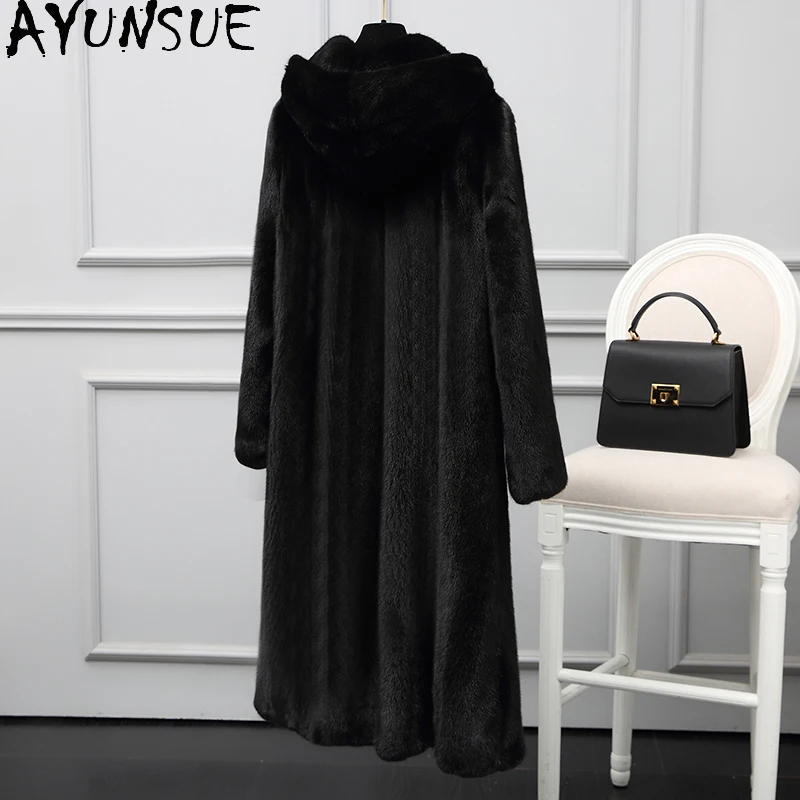 AYUNSUE Natural Mink Fur Coat Women Clothes 2025 Luxury Real Fur Coats Female Mink Winter Jacket Hoodie Шуба Женская Long Style