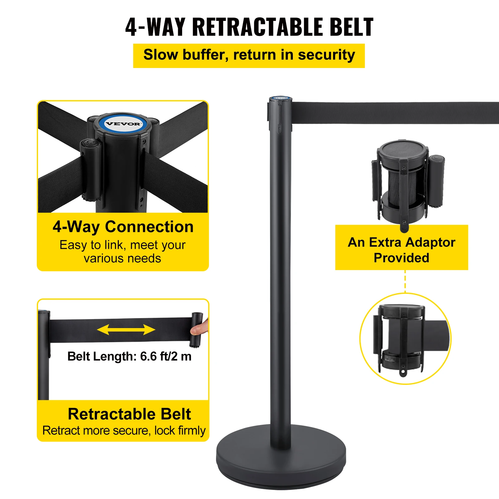 VEVOR 8Pcs Crowd Control Stanchion Stanchion Barriers Heavy-Duty Iron Base Posts with 6.6 ft/2 m 4-Way Black Retractable Belt