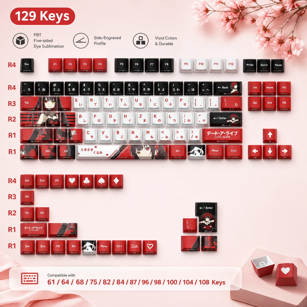 Tokisaki Kurumi Keycaps Original Profile Side Carved Translucent Pbt Five Sided Heat Sublimation For Mechanical Gaming Keyboard