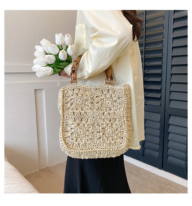 Ladies Straw Woven Handbag Women Summer Holiday Beach Commute Casual Tote Bags Fashion Retro Large Capacity Shoulder Bags 2024