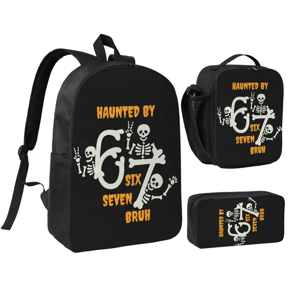 3pecs/set Haunted By Six Seven 67 Bruh Skeletons Backpack for Student Meme Laptop Computer Shoulder Bag Lunch bag Pencil Case