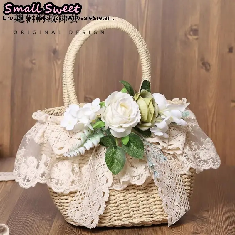 

Handmade Women Straw Bag Lolita Lace Bag Artificial Flower Pastoral Beach Bag Cute Soft Girl Style New Design Women Handbag