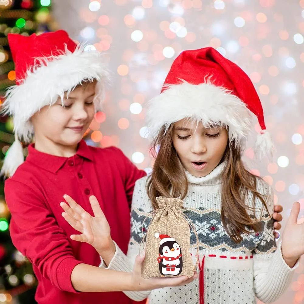 30pcs/lot 10*15cm Christmas Tree Elk Santa Claus Linen Drawstring Pouches Children Christmas Gift Candy Cookie Packaging Bags