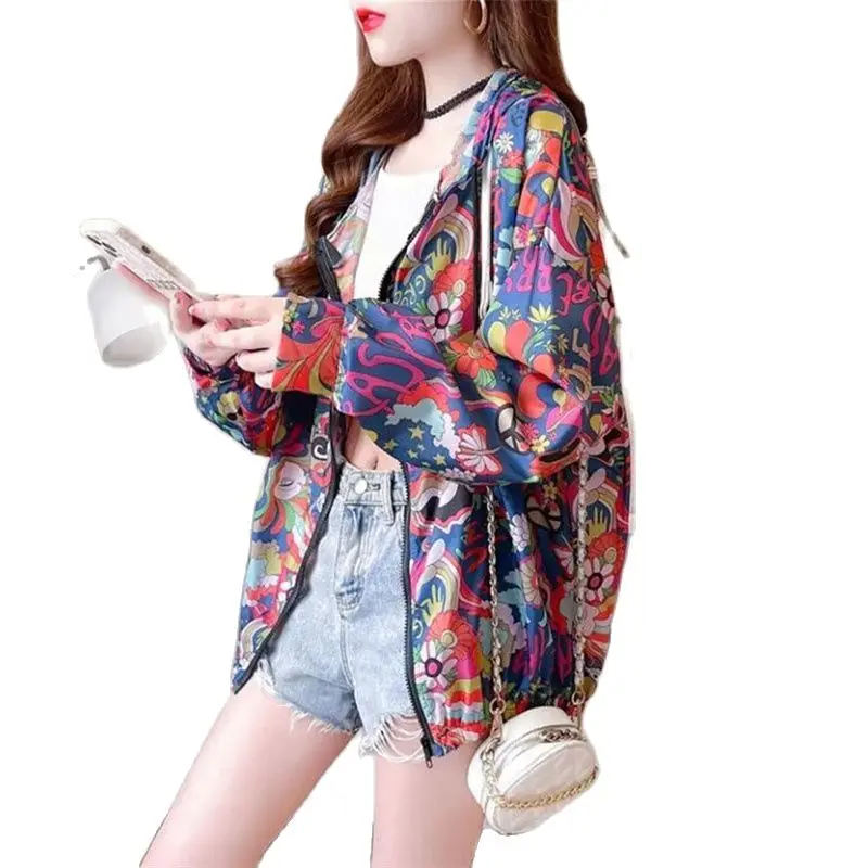 

Hooded Ventilation Sun Protection Clothing Thin Women's Summer Jacket Tops 2023 New Printed Coat Anti-UV Sun Protection Outerwea