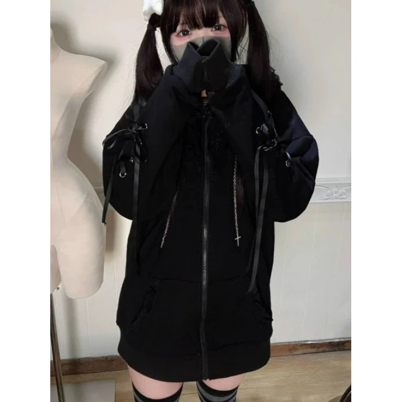 

Kawaii Cat Ears Hooded Casual Hoodies Women Y2k Aesthetic Grunge Casual Bandage Zipper Sweatshirt Japanese Fashion Coat Female