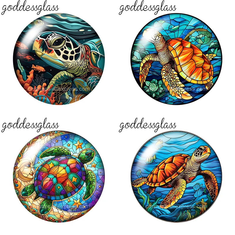 Sea Turtles in the ocean Animal 10pcs 12mm/18mm/20mm/25mm Round Photo Glass Cabochon Flat Back Making Findings DIY Snap Buttons
