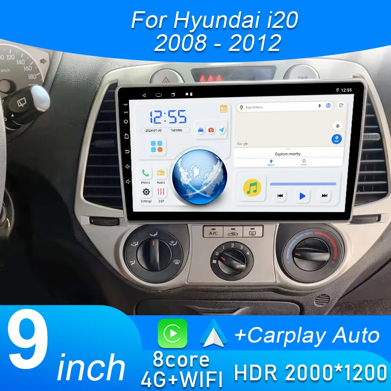 

Android 15 Carplay для Hyundai i20 2008 2009 2010 2011 2012 Автомобильный радиоприемник Стерео Мультимедийный видеоплеер DSP GPS 4G WIFI QLED Экран