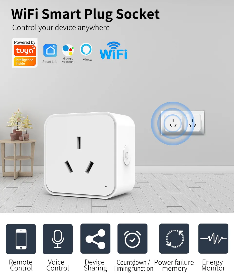 AU Tuya Smart WiFi Plug and Socket, With Energy Monitor, Voice Control Alexa/Google, Remote Control and Timer 2.4G WiFi 16A