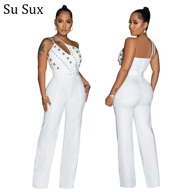 Fashion Beading One Shoulder Jumpsuit Women 2023 Rompers Solid Backless Wide Leg One Piece Jumpsuit Vestidos Bodysuit Overalls