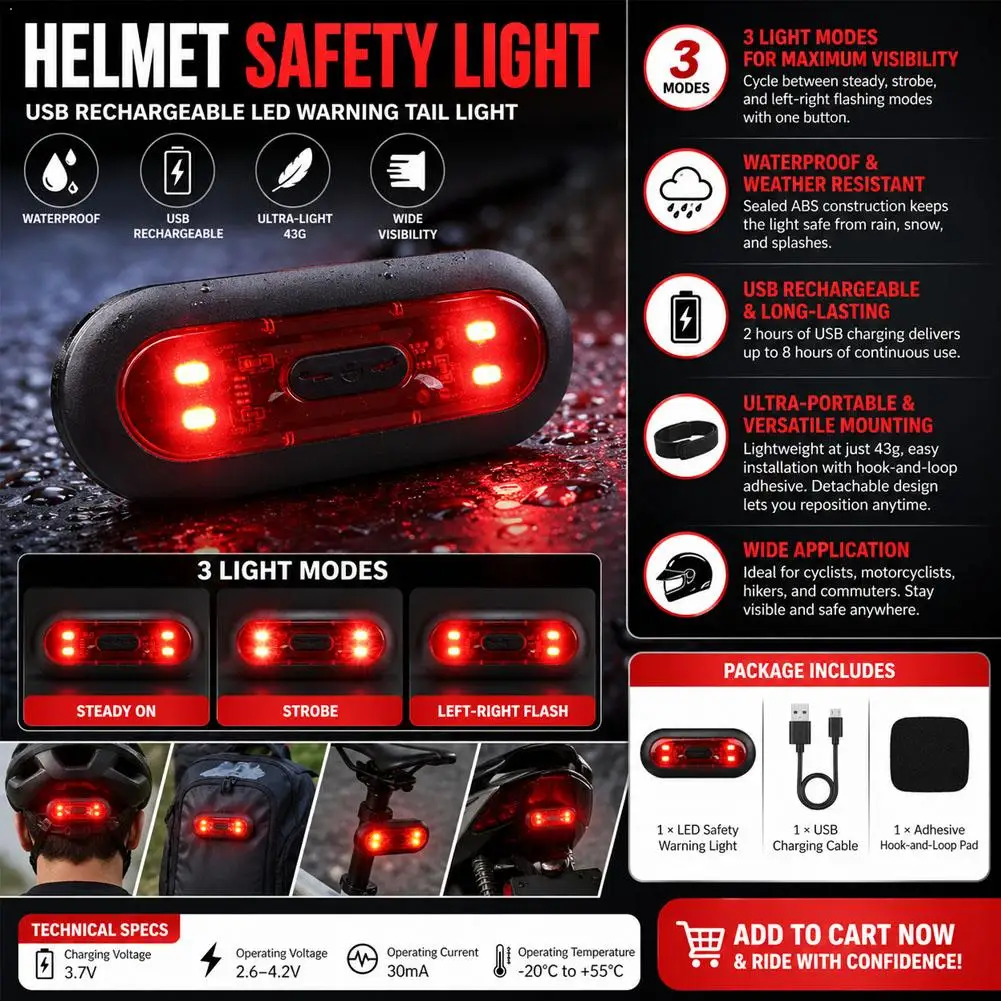 Warning Light Helmet LED Light Motorcycle Night Cycling Safety Signal Rechargeable Bicycle Helmet Taillight Accessories