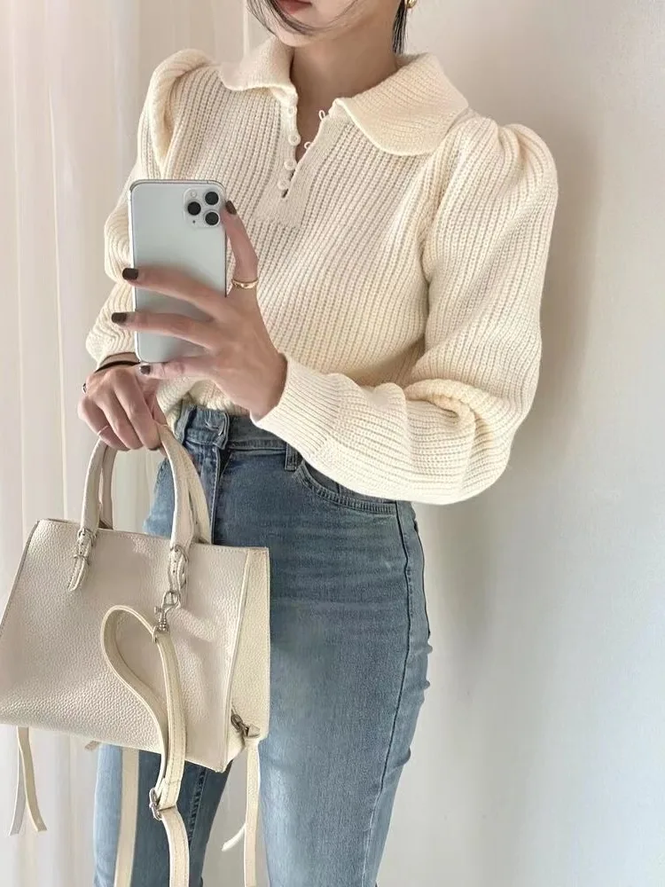 الكورية Sle المرأة محبوك سترة فقاعة Sve العلوي التخسيس خمر طوق الخريف الشتاء Faionable رداء علوي غير رسمي #3